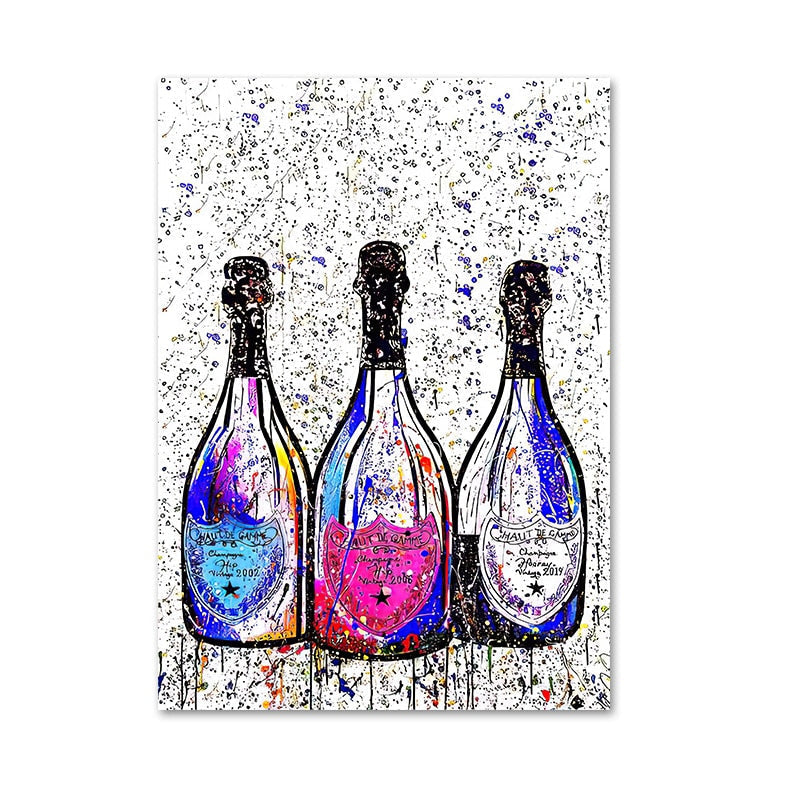 Quadro da parete – Stampa su tela – Bottiglia di champagne – Colorato – 80×120 cm – Pop-Art moderna per il soggiorno