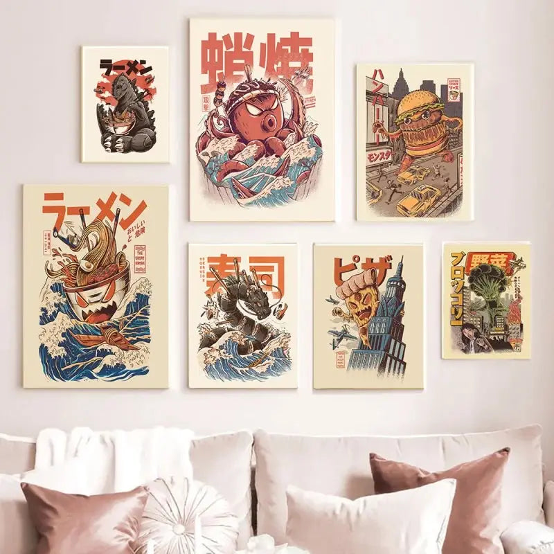 Quadro – Stampa su tela – Multicolore – Orizzontale – Motivo ramen in stile retro per soggiorno e cucina