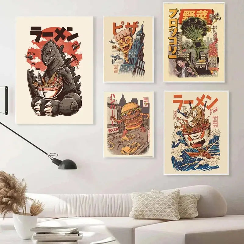 Quadro – Stampa su tela – Multicolore – Orizzontale – Motivo ramen in stile retro per soggiorno e cucina