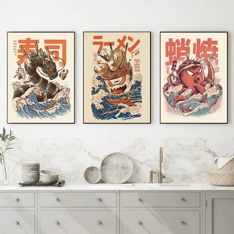Quadro – Stampa su tela – Multicolore – Orizzontale – Motivo ramen in stile retro per soggiorno e cucina