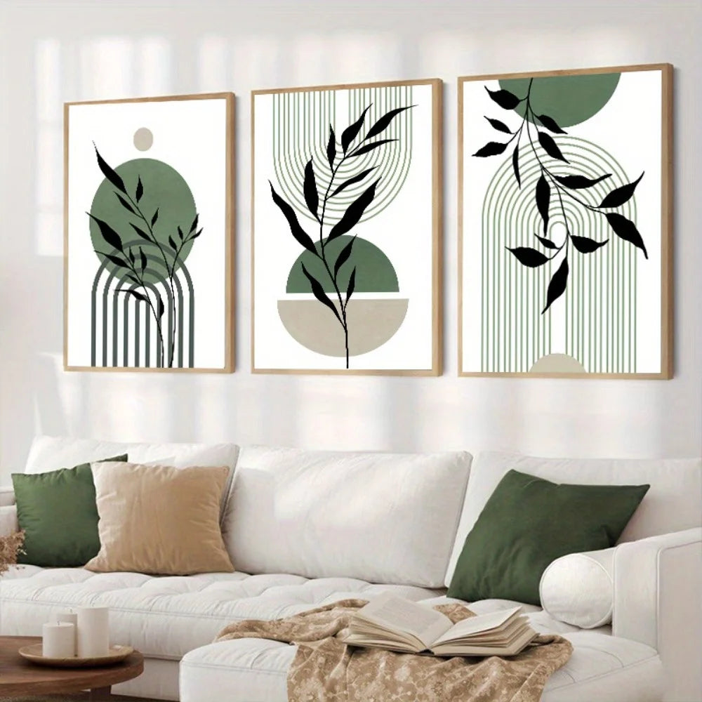 Arte da parete – Carta di alta qualità – Verde/Beige – Set da 3 – Motivi botanici in stile Boho