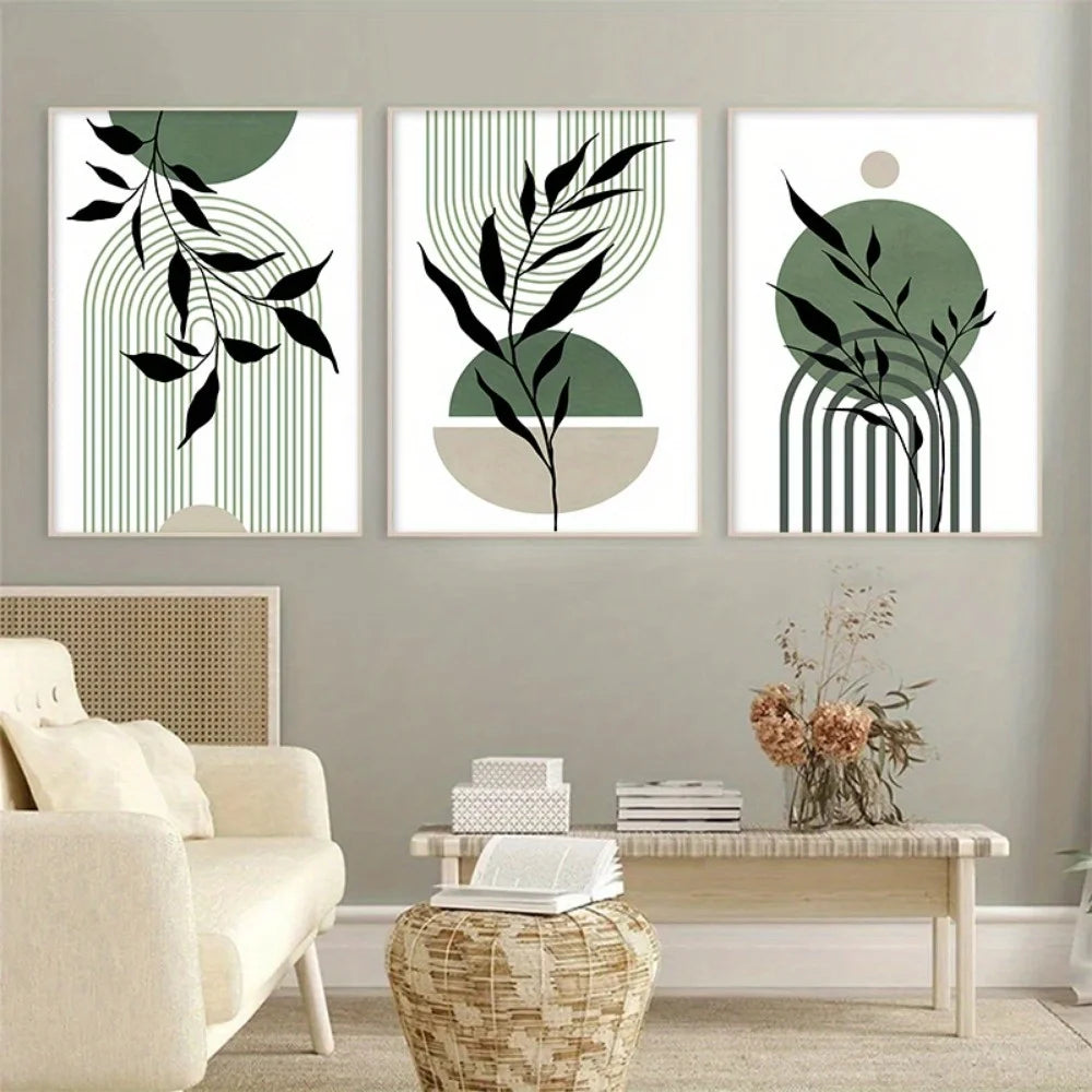 Arte da parete – Carta di alta qualità – Verde/Beige – Set da 3 – Motivi botanici in stile Boho