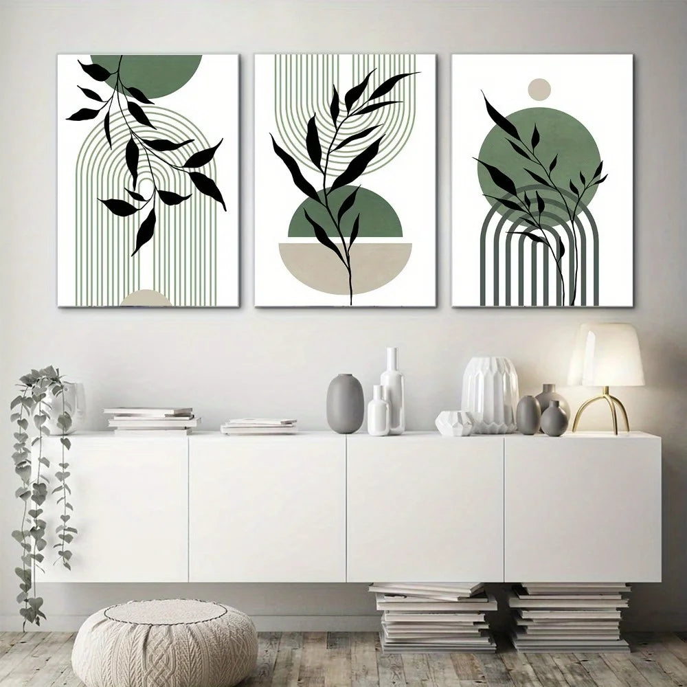 Arte da parete – Carta di alta qualità – Verde/Beige – Set da 3 – Motivi botanici in stile Boho