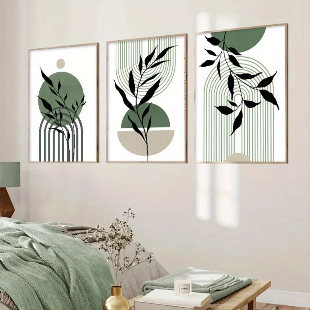 Arte da parete – Carta di alta qualità – Verde/Beige – Set da 3 – Motivi botanici in stile Boho