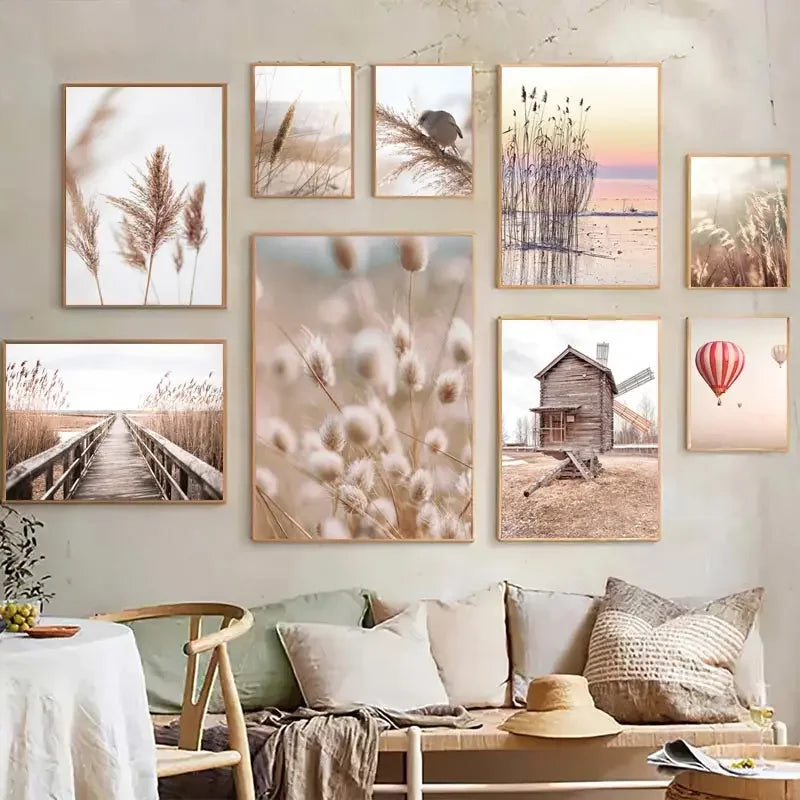 Poster da parete – Stampa su tela – Paesaggio beige con mongolfiera – Verticale – Design moderno per ambienti eleganti