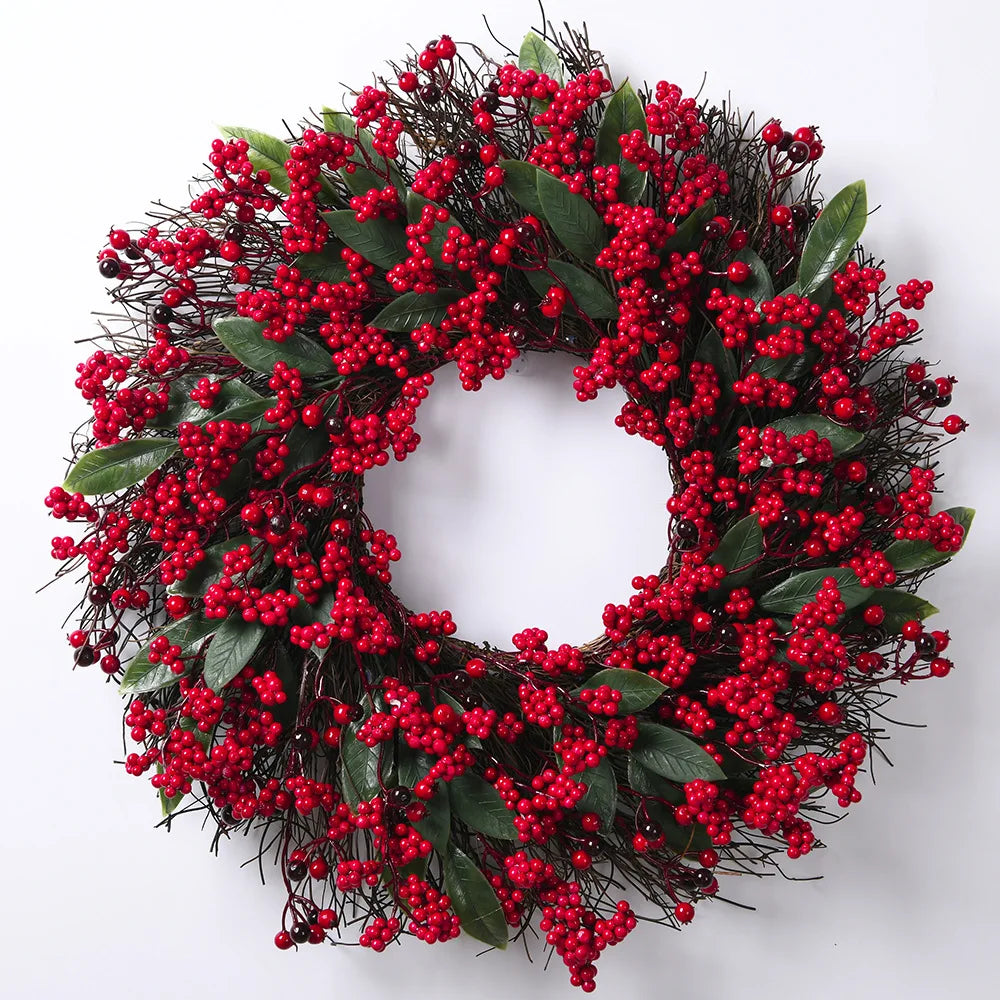 Corona di Natale | Decorazione realistica in cipresso e bacche rosse | Interno & Esterno
