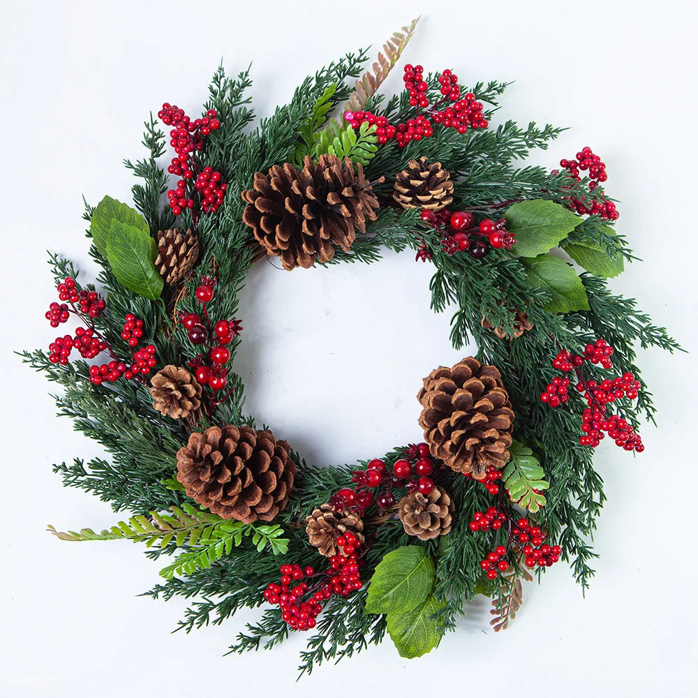 Corona di Natale | Decorazione realistica in cipresso e bacche rosse | Interno & Esterno