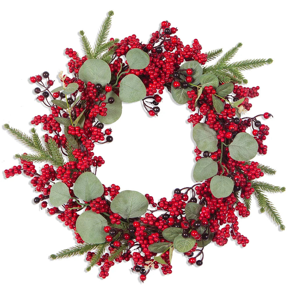 Corona di Natale | Decorazione realistica in cipresso e bacche rosse | Interno & Esterno