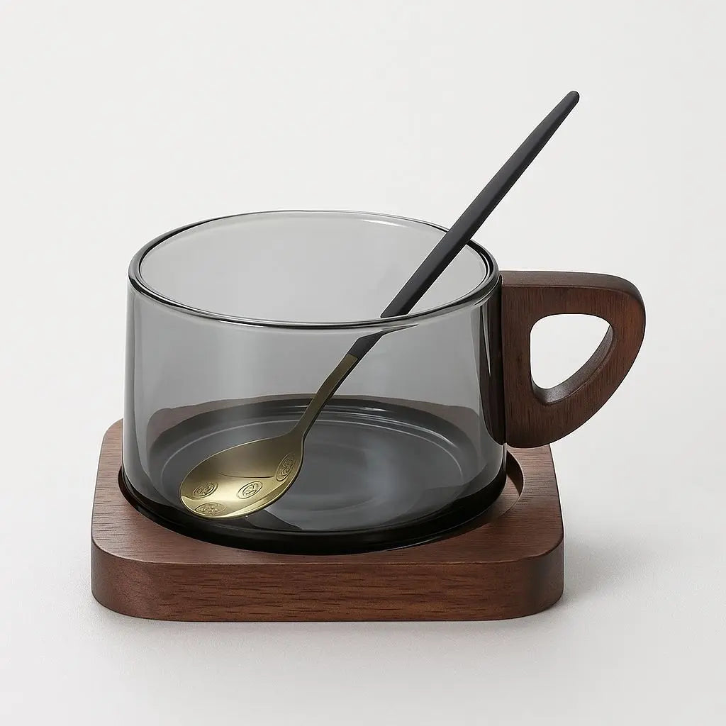 Set di Tazze in Vetro con Manico in Legno Aurora