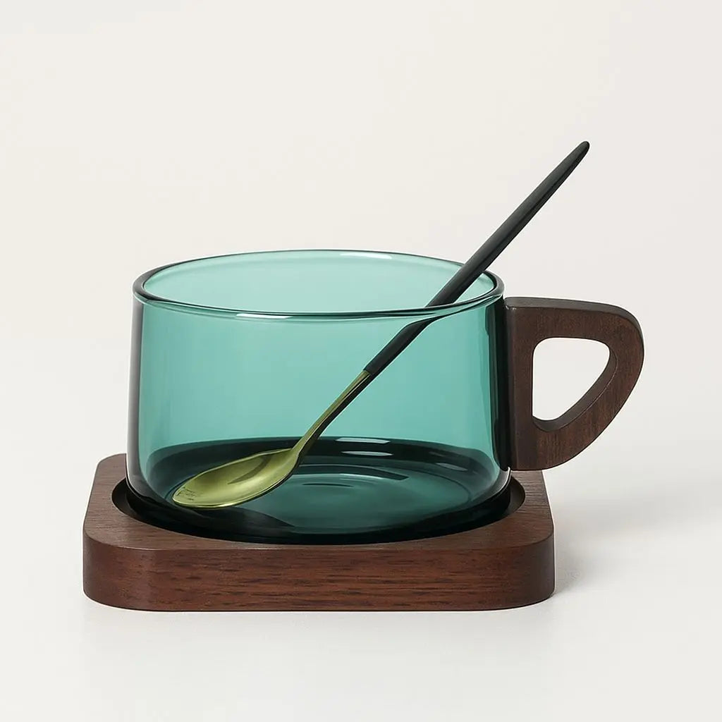 Set di Tazze in Vetro con Manico in Legno Aurora