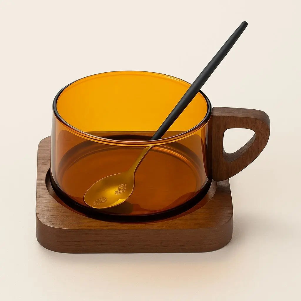 Set di Tazze in Vetro con Manico in Legno Aurora