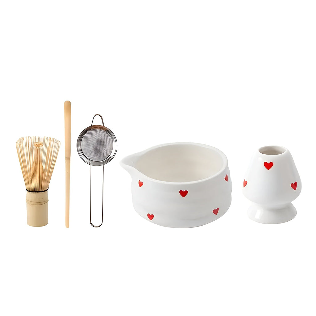 Ciotola per Matcha con design a cuore – 4/5 pezzi con versatore e frusta in bambù | Ideale per uso domestico