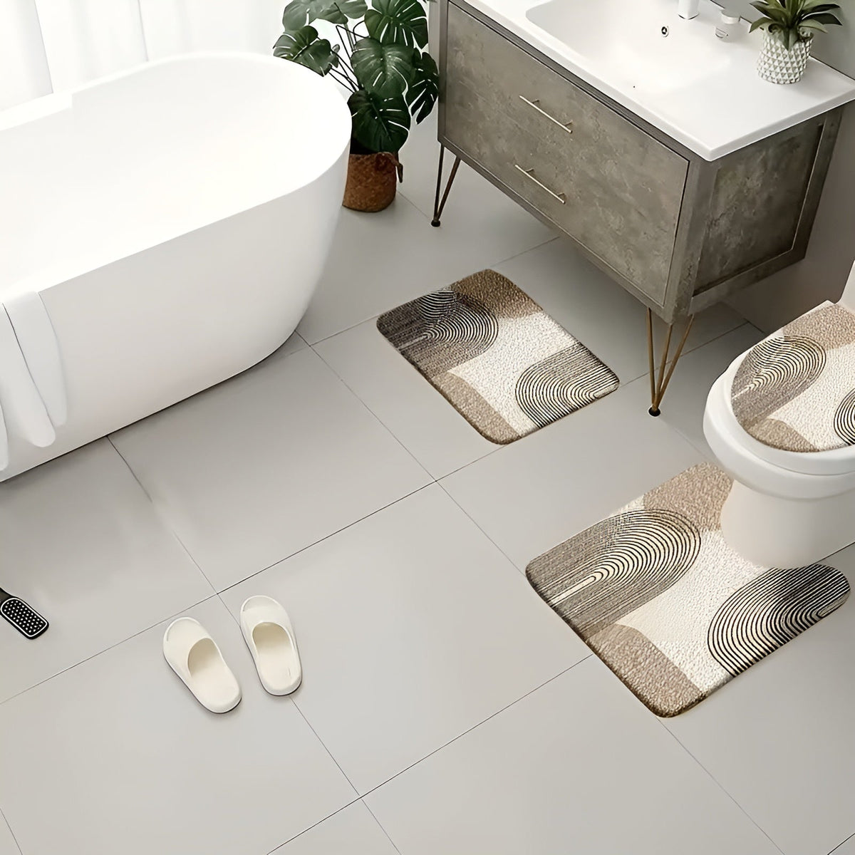 Set di Tappetini per Bagno 4 Pezzi – Moderno e Antiscivolo | Morbidi Tappetini per WC e Coprisedile per una Decorazione Elegante del Bagno