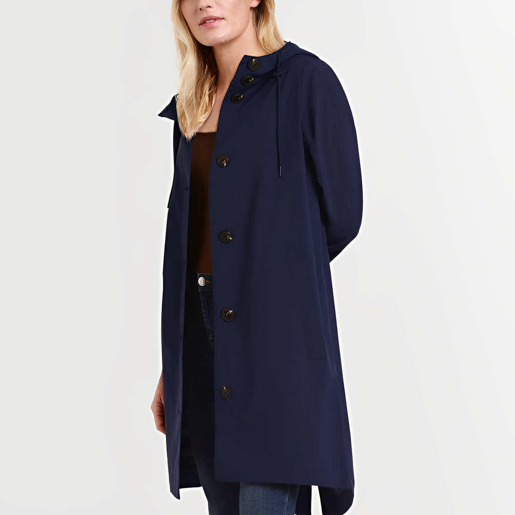 Giacca Impermeabile Lunga da Donna – Giacca Leggera con Cappuccio e Cordino in Vita