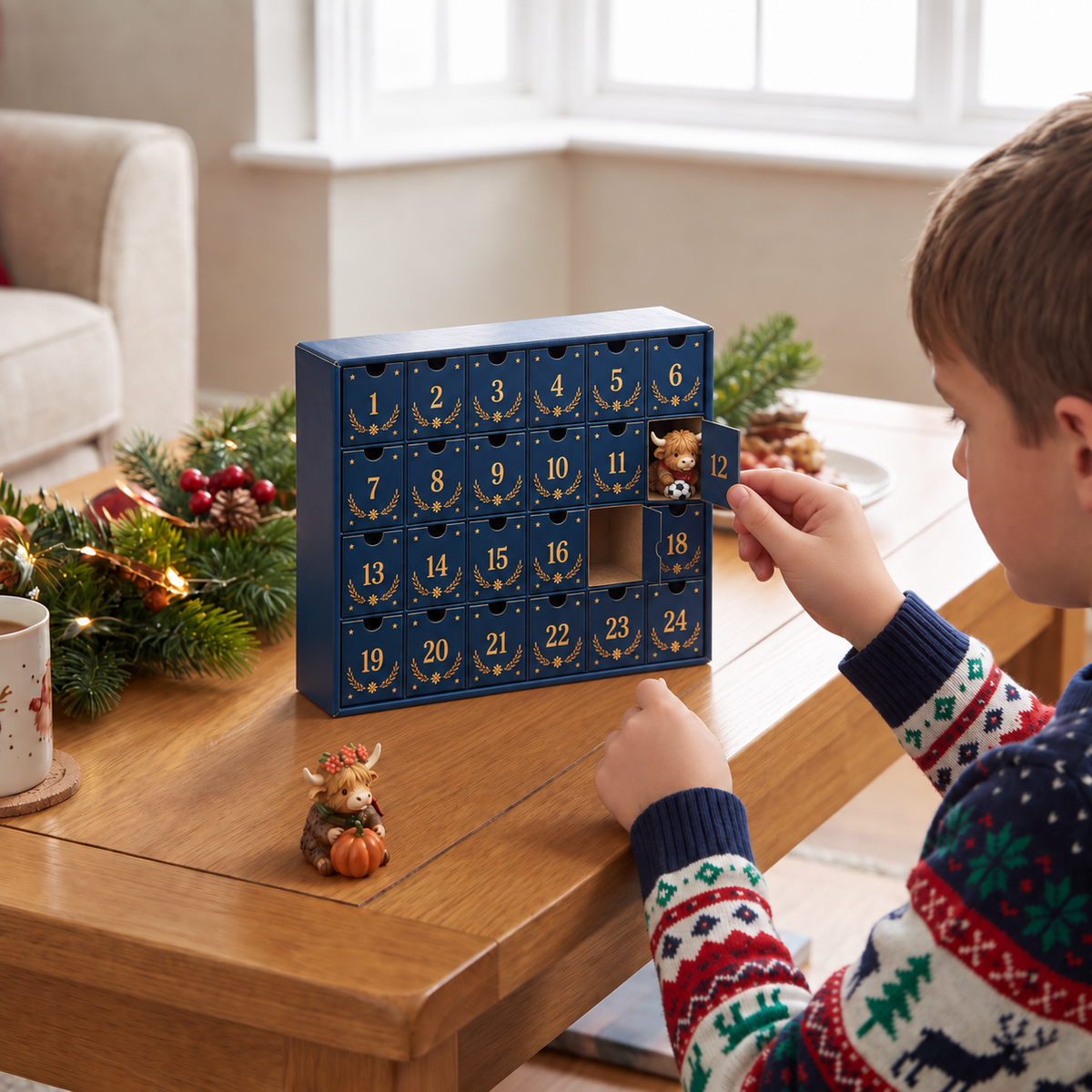 Calendario dell'Avvento di 24 giorni con bovini Highland come mini-figure collezionabili