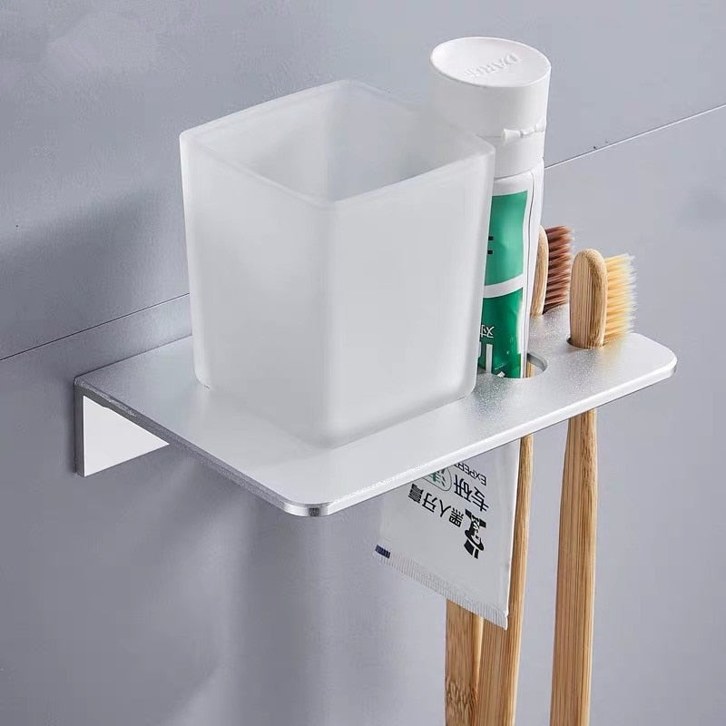 Porta Spazzolino da Denti in Alluminio da Muro, Mensola per Accessori da Bagno
