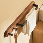 Barra per Asciugamani da Bagno in Legno e Alluminio con 2 Ganci da Montare a Parete