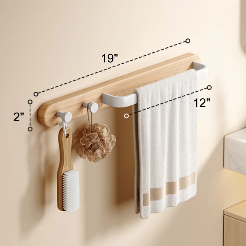 Barra per Asciugamani da Bagno in Legno e Alluminio con 2 Ganci da Montare a Parete