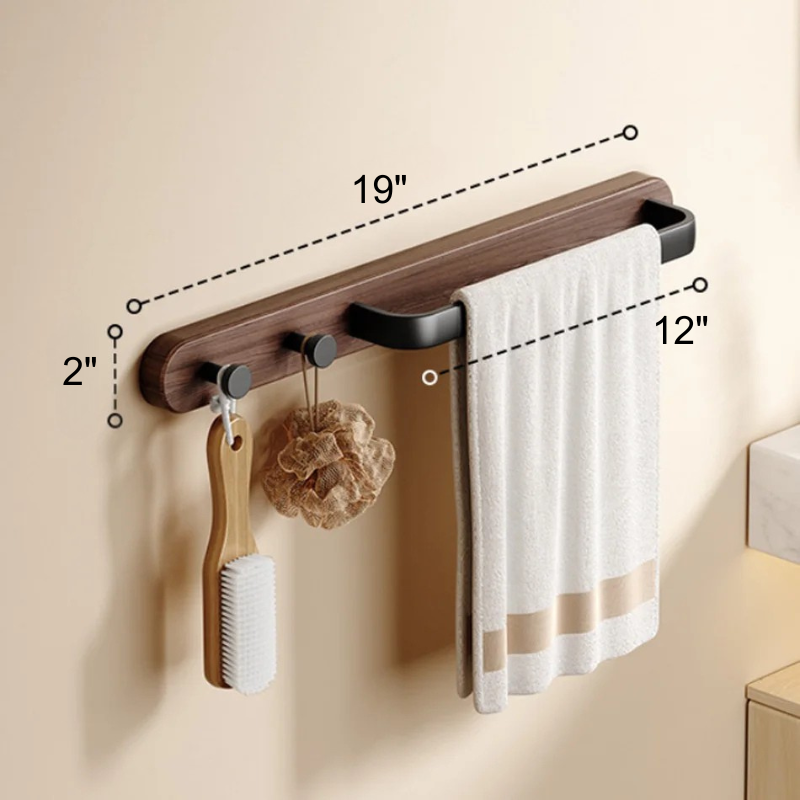 Barra per Asciugamani da Bagno in Legno e Alluminio con 2 Ganci da Montare a Parete