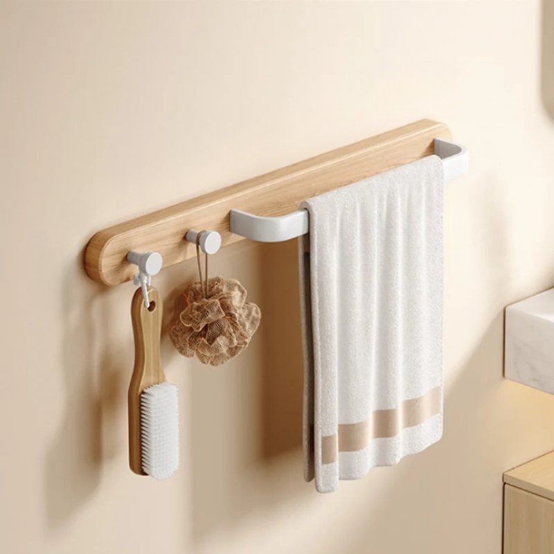 Barra per Asciugamani da Bagno in Legno e Alluminio con 2 Ganci da Montare a Parete