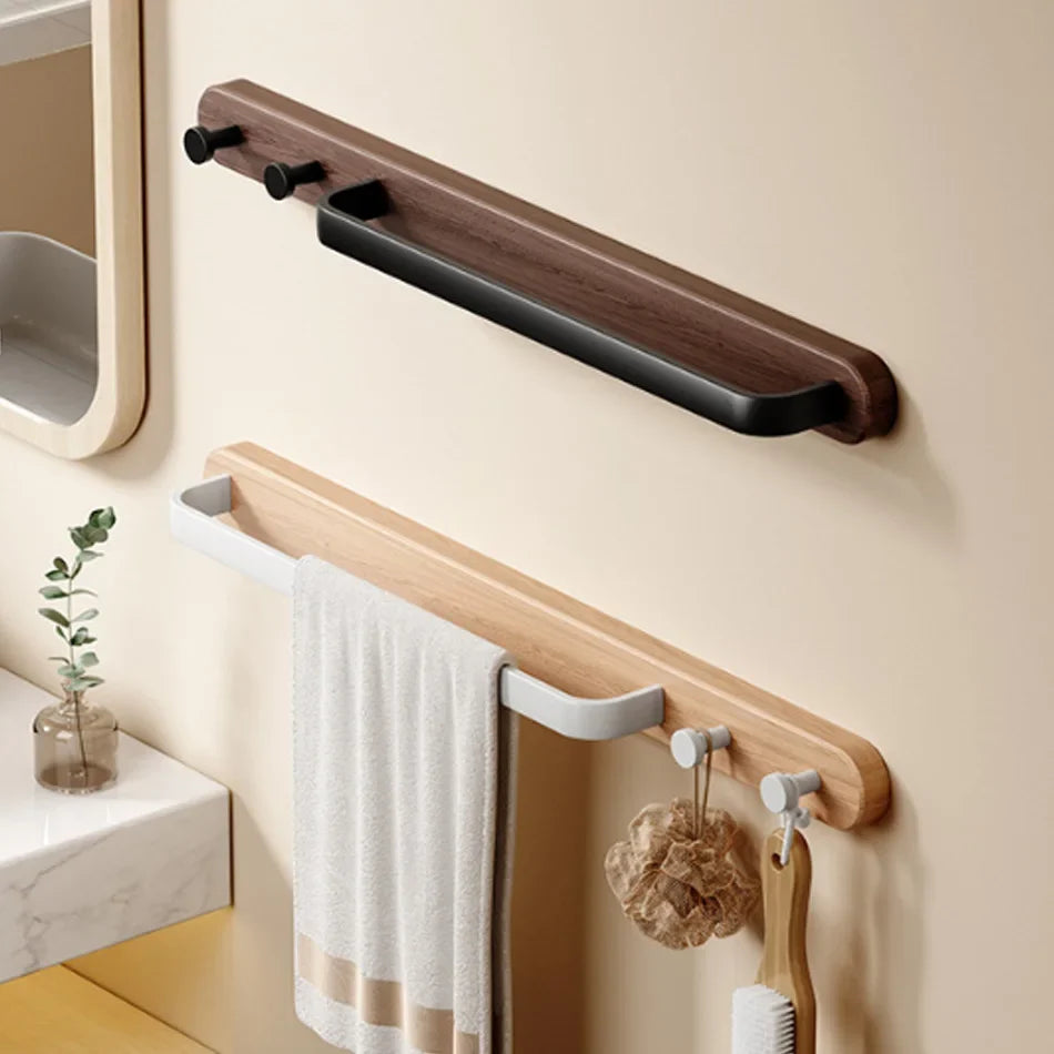 Barra per Asciugamani da Bagno in Legno e Alluminio con 2 Ganci da Montare a Parete