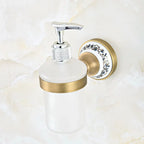 Dispenser per sapone da cucina a muro in ottone antico con base in ceramica