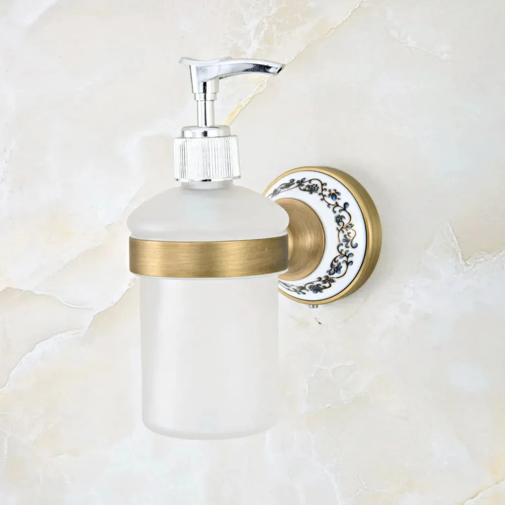Dispenser per sapone da cucina a muro in ottone antico con base in ceramica