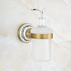 Dispenser per sapone da cucina a muro in ottone antico con base in ceramica
