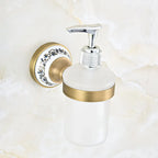 Dispenser per sapone da cucina a muro in ottone antico con base in ceramica