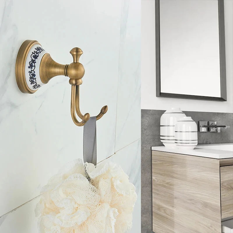 Gancio Doppio in Ottone Antico per Bagno Longhorn per Accappatoio e Asciugamano