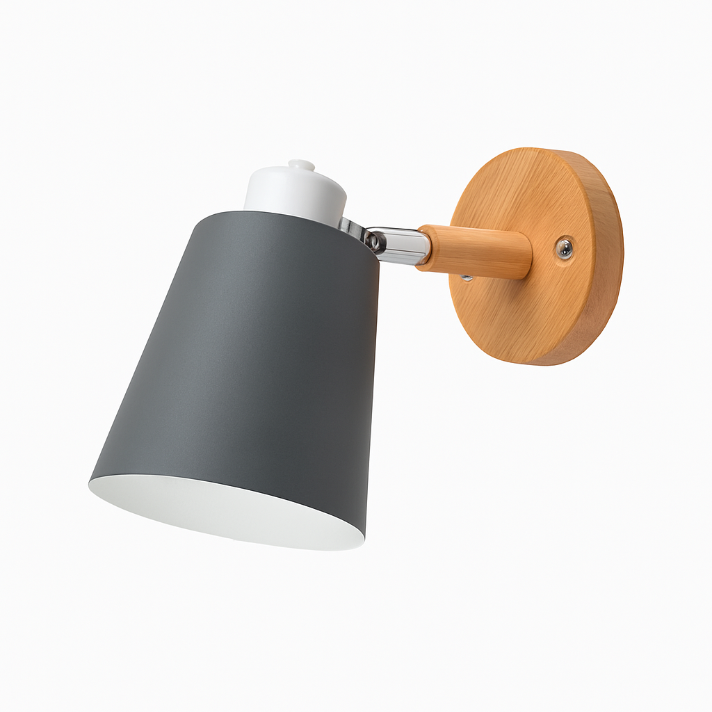 Applique murale LED con paralume orientabile in metallo e supporto in legno