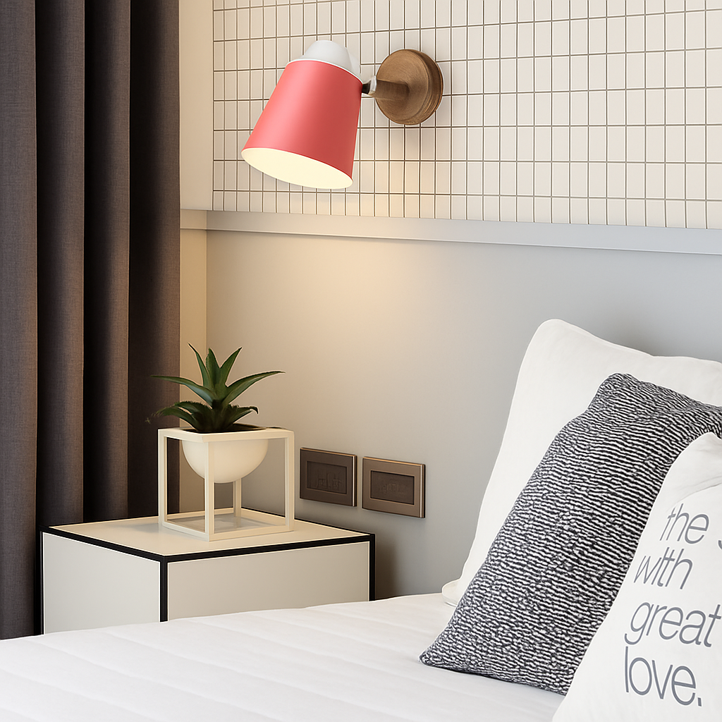 Applique murale LED con paralume orientabile in metallo e supporto in legno