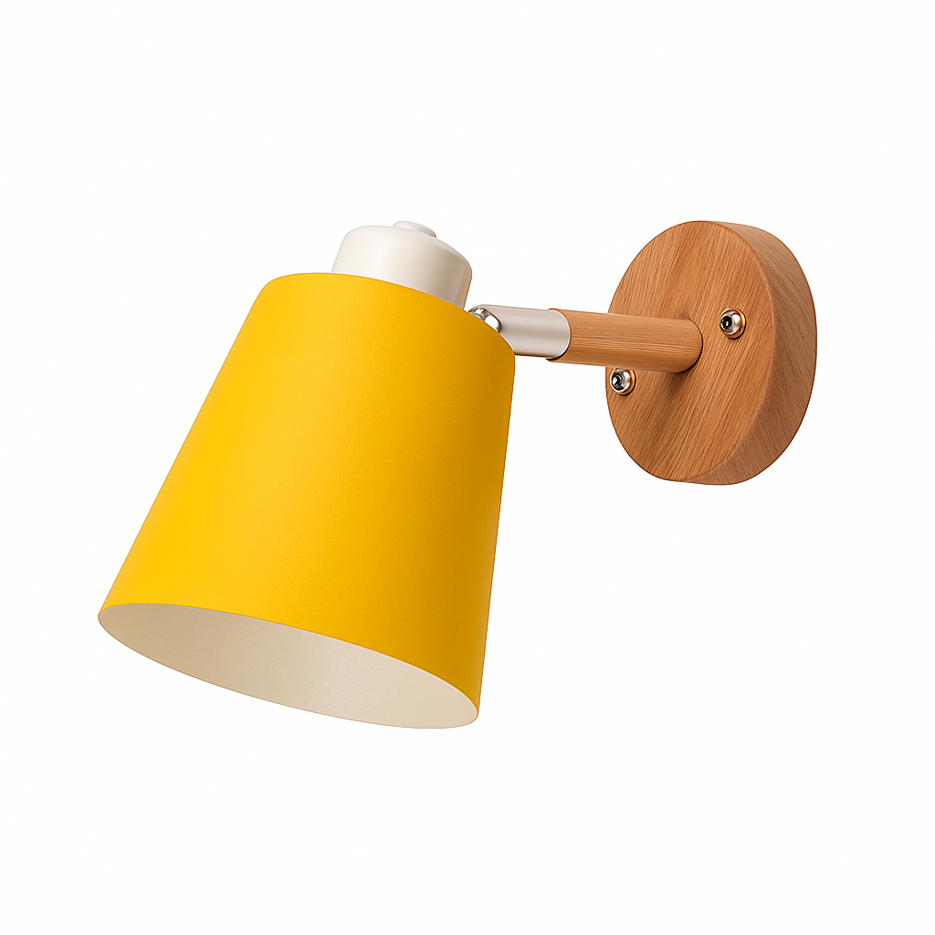 Applique murale LED con paralume orientabile in metallo e supporto in legno