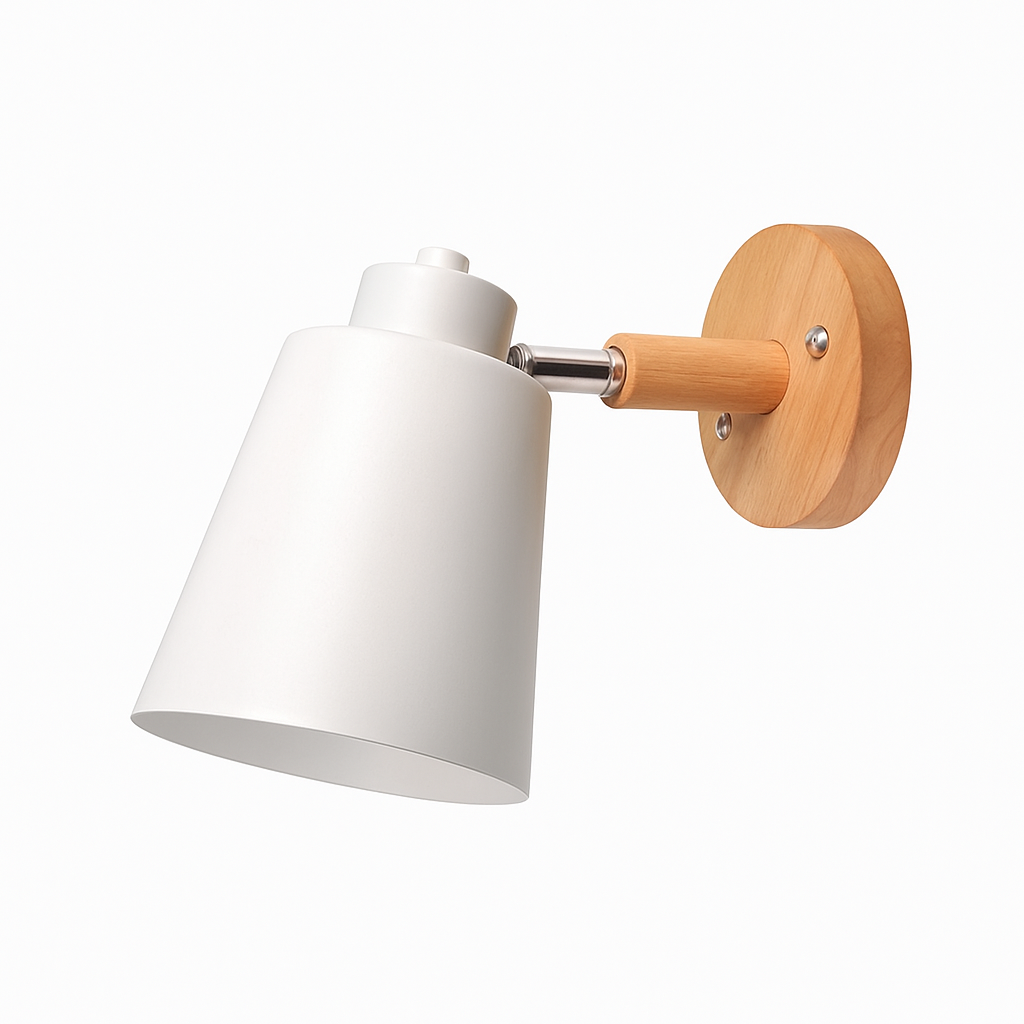 Applique murale LED con paralume orientabile in metallo e supporto in legno