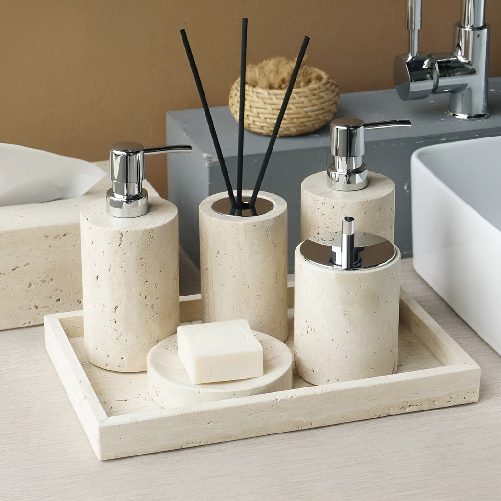 Set da bagno in travertino – Accessori pregiati in pietra naturale | Dispenser per sapone, piattino per sapone, diffusore e vassoio