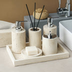Set da bagno in travertino – Accessori pregiati in pietra naturale | Dispenser per sapone, piattino per sapone, diffusore e vassoio