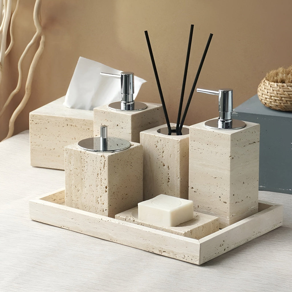 Set da bagno in travertino – Accessori pregiati in pietra naturale | Dispenser per sapone, piattino per sapone, diffusore e vassoio