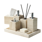 Set da bagno in travertino – Accessori pregiati in pietra naturale | Dispenser per sapone, piattino per sapone, diffusore e vassoio