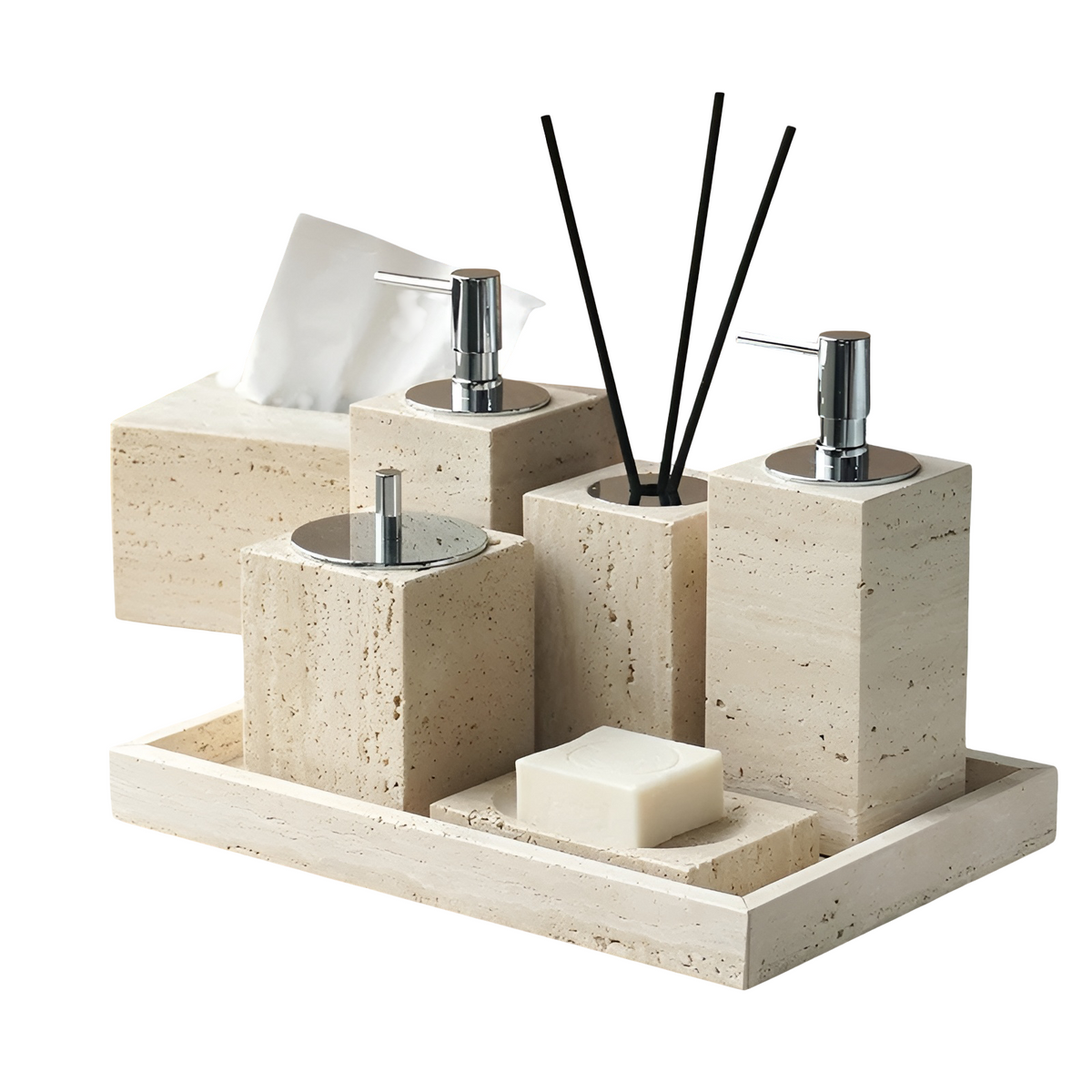 Set da bagno in travertino – Accessori pregiati in pietra naturale | Dispenser per sapone, piattino per sapone, diffusore e vassoio