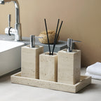 Set da bagno in travertino – Accessori pregiati in pietra naturale | Dispenser per sapone, piattino per sapone, diffusore e vassoio