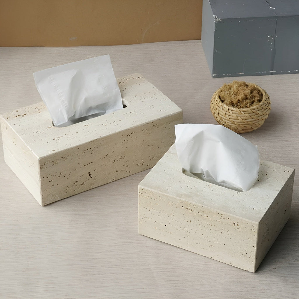 Set da bagno in travertino – Accessori pregiati in pietra naturale | Dispenser per sapone, piattino per sapone, diffusore e vassoio
