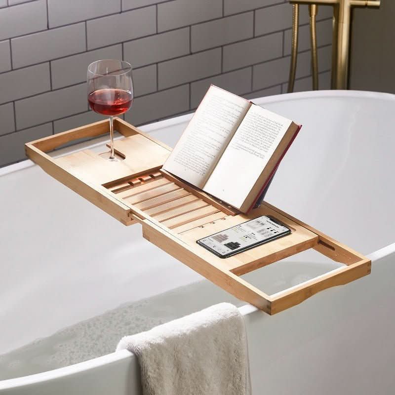 Aurevo Caddy da Bagno in Bamboo | Vassoio da bagno di lusso estensibile con portabicchiere e portabook
