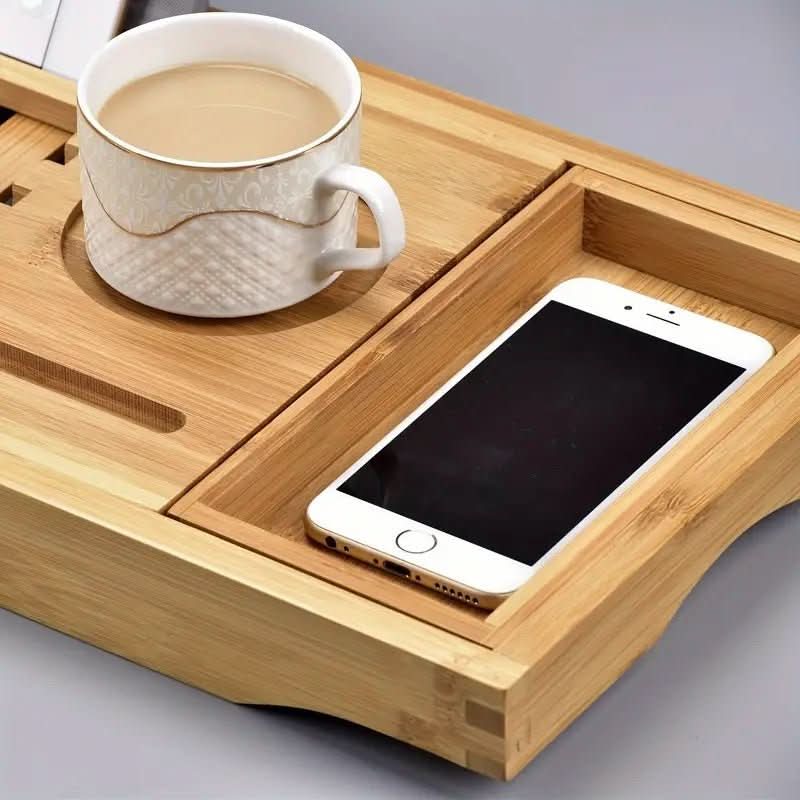 Aurevo Caddy da Bagno in Bamboo | Vassoio da bagno di lusso estensibile con portabicchiere e portabook