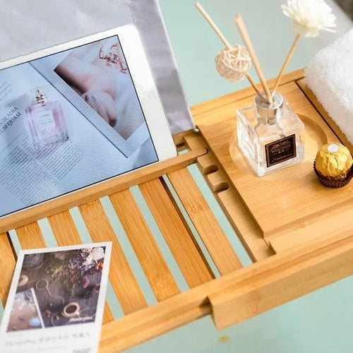 Aurevo Caddy da Bagno in Bamboo | Vassoio da bagno di lusso estensibile con portabicchiere e portabook