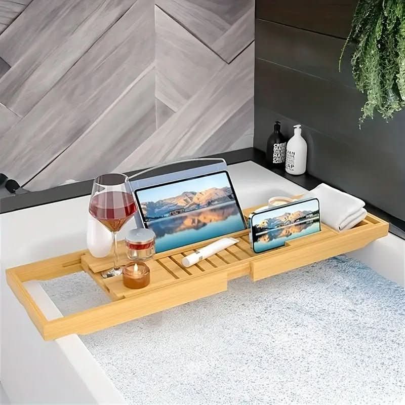 Aurevo Caddy da Bagno in Bamboo | Vassoio da bagno di lusso estensibile con portabicchiere e portabook