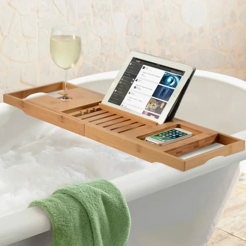 Aurevo Caddy da Bagno in Bamboo | Vassoio da bagno di lusso estensibile con portabicchiere e portabook