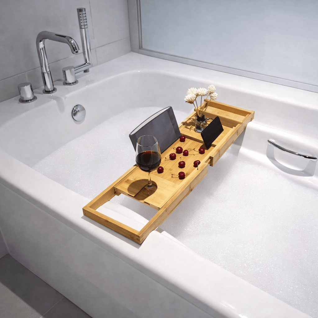 BAMORÉ – Elegante Vassoio da Bagno in Bambù con Funzioni di Stoccaggio e Relax Regolabili