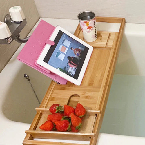 BAMORÉ – Elegante Vassoio da Bagno in Bambù con Funzioni di Stoccaggio e Relax Regolabili