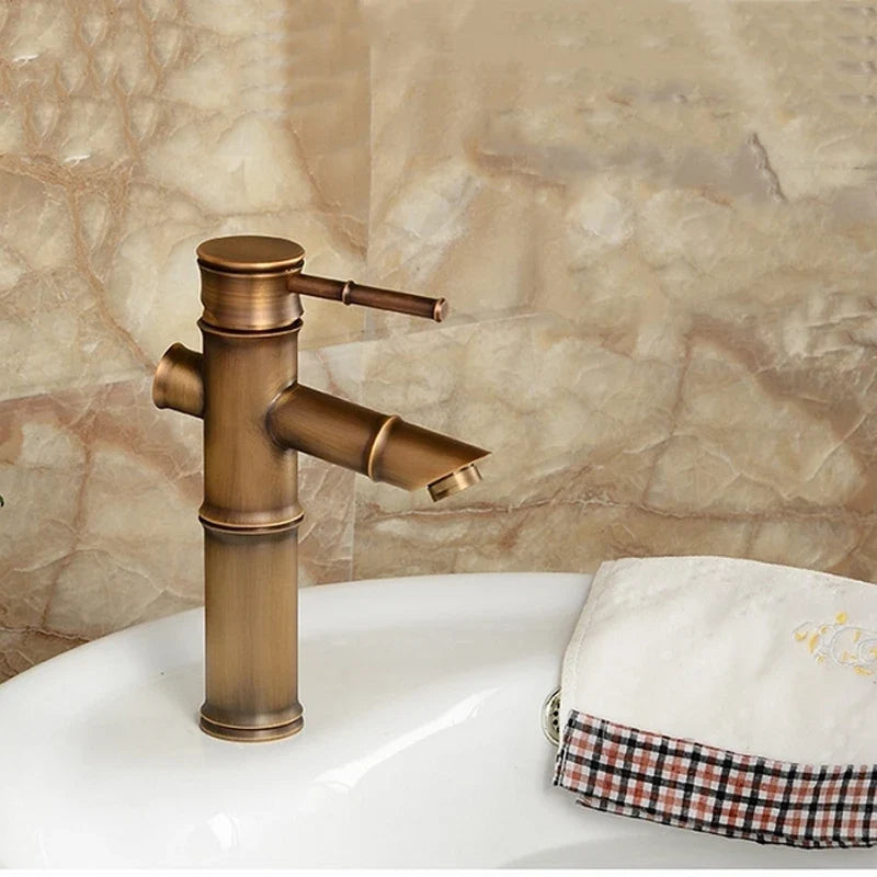 Rubinetto per Lavabo da Bagno in Ottone Antico a Forma di Bambù