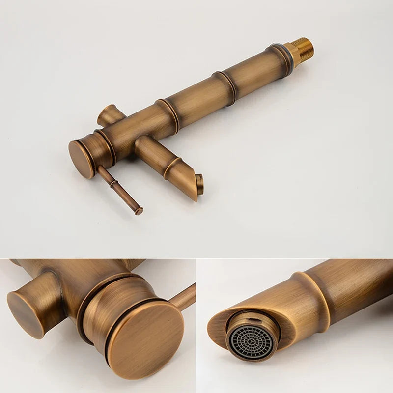 Rubinetto per Lavabo da Bagno in Ottone Antico a Forma di Bambù